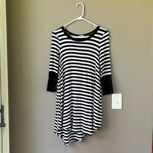 Black and white striped 3/4 sleeve high-low dress